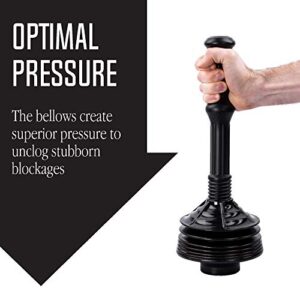 JS Jackson Supplies Professional Bellows Accordion Toilet Plunger, High Pressure Thrust Plunge Removes Heavy Duty Clogs from Clogged Bathroom Toilets, All Purpose Power Plungers for Bathrooms, Black