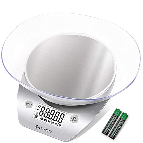 Etekcity 0.1g Food Kitchen Scale, Bowl, Digital Grams and Ounces for Weight Loss, Dieting, Baking, Cooking, and Meal Prep, 11lb/5kg, Stainless Steel Silver