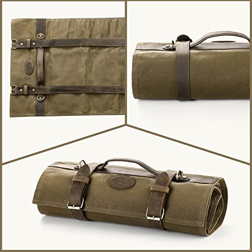 HEZHEN Chef Knife Roll Bag 16oz Oil Waxed Canvas, Heavy Duty Portable Backpack Knife Case Storage, 12 Slots & 2 Zipper Pockets, Detachable Adjustable Leather Shoulder Strap Belt（Not Included Knives）