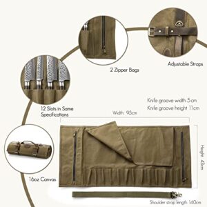 HEZHEN Chef Knife Roll Bag 16oz Oil Waxed Canvas, Heavy Duty Portable Backpack Knife Case Storage, 12 Slots & 2 Zipper Pockets, Detachable Adjustable Leather Shoulder Strap Belt（Not Included Knives）