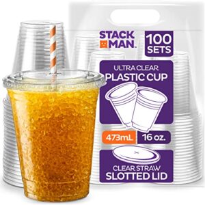 [100 sets – 16 oz.] clear plastic cups with straw slot lid, pet crystal clear disposable 16oz
