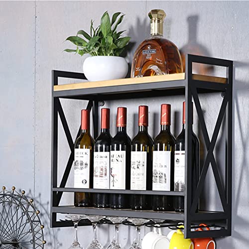 MYOYAY Industrial Wine Racks Wall Mounted 23.6in Industrial Pipe Shelf with 5 Stem Glass Holder 2 Tier Rustic Metal Hanging Wine Holder Wood Shelves Wall Shelf