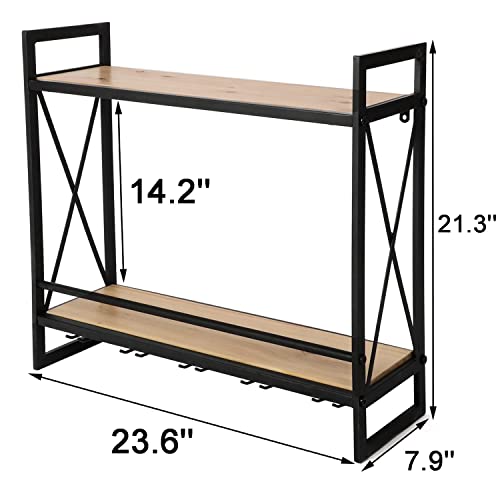 MYOYAY Industrial Wine Racks Wall Mounted 23.6in Industrial Pipe Shelf with 5 Stem Glass Holder 2 Tier Rustic Metal Hanging Wine Holder Wood Shelves Wall Shelf