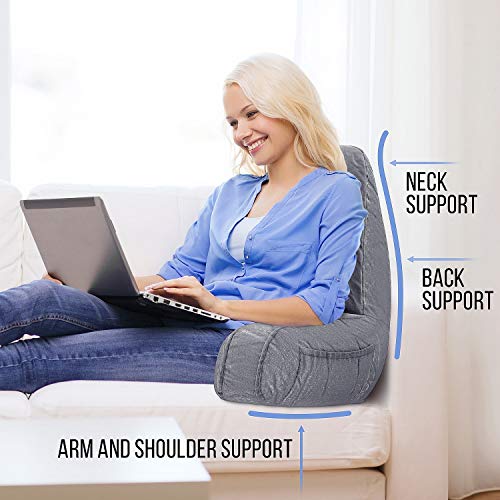 ComfortSpa Reading Pillow Bed Wedge Large Adult Backrest Lounge Cushion with Arms and Pockets | Back Support for Sitting Up in Bed / Couch for GERD Heartburn Bedrest (Grey)