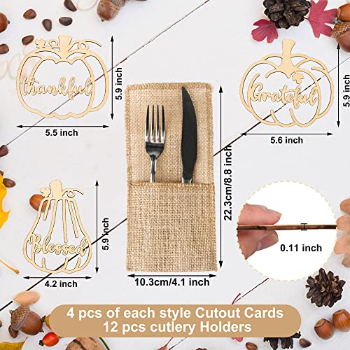 Fall Plate Decor 12 Pieces Pumpkin Wood Cutouts Thanksgiving Table Setting Wooden Word Cards with 12 PCS Burlap Cutlery Pouch Bags for Holiday Harvest Utensil Home Party Decor