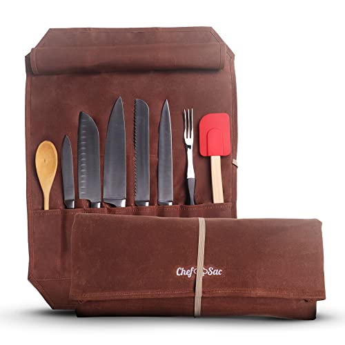 Chef Knife Waxed Canvas Knife Roll Bag| 8 Pockets for Knives & Kitchen Utensils Waterproof Material | Great Gift for Executive Chefs & Culinary Students (Reddish Brown)