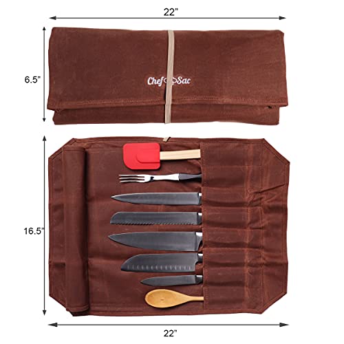 Chef Knife Waxed Canvas Knife Roll Bag| 8 Pockets for Knives & Kitchen Utensils Waterproof Material | Great Gift for Executive Chefs & Culinary Students (Reddish Brown)