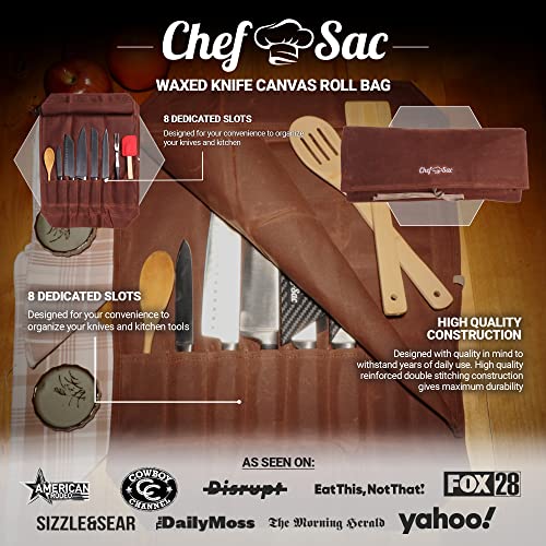 Chef Knife Waxed Canvas Knife Roll Bag| 8 Pockets for Knives & Kitchen Utensils Waterproof Material | Great Gift for Executive Chefs & Culinary Students (Reddish Brown)