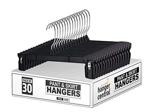 Hanger Central Space Saving 30 Pack, Heavy Duty Slim Plastic Pants Hangers, Ridged Non-Slip with Pinch Clips, 360-Rotating Chrome Swivel Hook, in Black, 10/12/14 Inch (12")