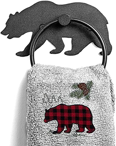 Towel Ring Holder, Rustic Bear Black Metal Country Farmhouse Décor, Wall Mounted, Hand Towel Holder for Bathroom