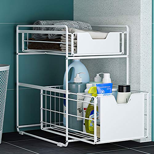 poplarbox Metal Basket Organizer 2 Tier Sliding Basket Organizer Drawer Under Sink Cabinet Storage Organizer Drawer Storage Shelf Spice Rack for Kitchen Countertop Pantry Bathroom Office Desktop