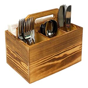 utensil and napkin holder flatware caddy with handle in rustic wood for forks, spoons and knives, silverware organizer