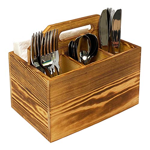 Utensil and Napkin Holder Flatware Caddy with Handle in Rustic Wood for Forks, Spoons and Knives, Silverware Organizer