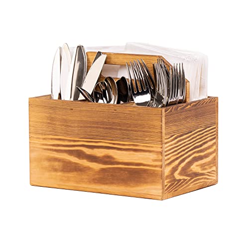 Utensil and Napkin Holder Flatware Caddy with Handle in Rustic Wood for Forks, Spoons and Knives, Silverware Organizer