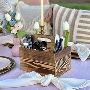 Utensil and Napkin Holder Flatware Caddy with Handle in Rustic Wood for Forks, Spoons and Knives, Silverware Organizer