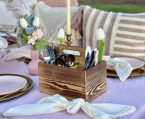 Utensil and Napkin Holder Flatware Caddy with Handle in Rustic Wood for Forks, Spoons and Knives, Silverware Organizer