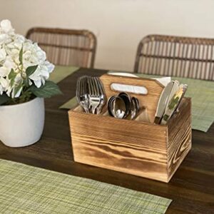 Utensil and Napkin Holder Flatware Caddy with Handle in Rustic Wood for Forks, Spoons and Knives, Silverware Organizer