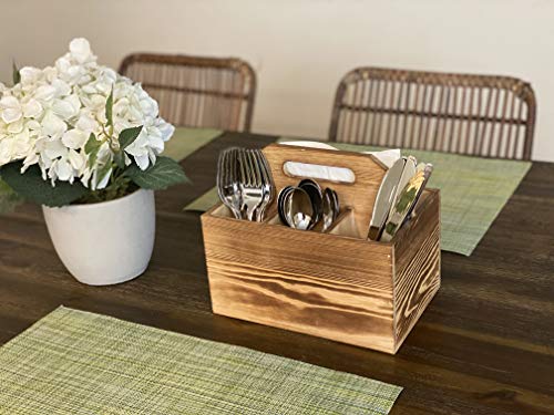 Utensil and Napkin Holder Flatware Caddy with Handle in Rustic Wood for Forks, Spoons and Knives, Silverware Organizer