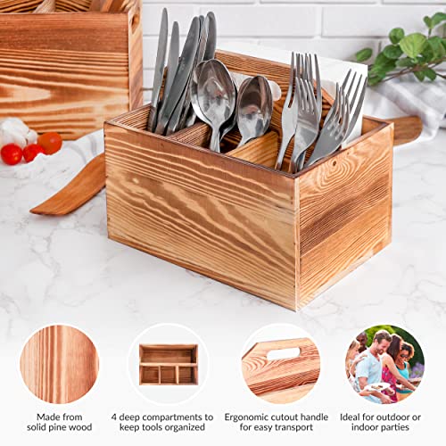 Utensil and Napkin Holder Flatware Caddy with Handle in Rustic Wood for Forks, Spoons and Knives, Silverware Organizer