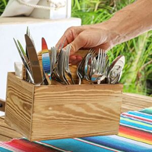 Utensil and Napkin Holder Flatware Caddy with Handle in Rustic Wood for Forks, Spoons and Knives, Silverware Organizer