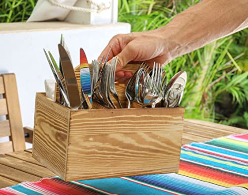 Utensil and Napkin Holder Flatware Caddy with Handle in Rustic Wood for Forks, Spoons and Knives, Silverware Organizer