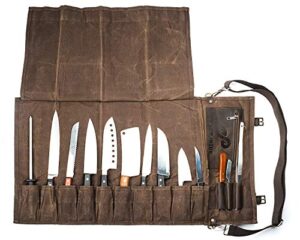 everpride chef’s knife roll bag plus knife guard set (10-piece set) canvas and leather knife bag holds 10 knives and cooking tools – felt-lined and bpa free knife sheath set – knives not included
