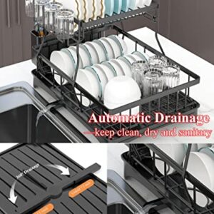 Dish Drying Rack with Drainboard,2-Tier Dish Racks for Kitchen Counter, Rustproof Drainer Set with Utensils Holder, Large Capacity Dish Strainers with Utensils Holder, Extra Drying Mat and Scrub Spong