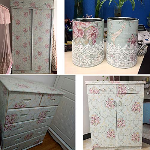 LovingWay Retro Floral Shelf Liner 17.7x177 Inch Self-Adhesive Dresser Drawer Covering Paper DIY Makeup Organizers Boxes Green Rose