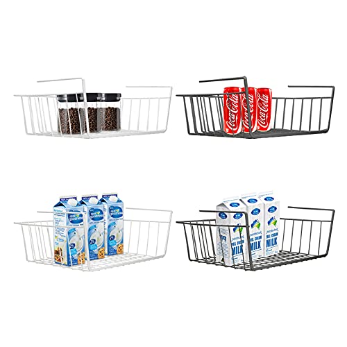 Under Shelf Basket, 4 Pack White Black Wire Rack, Slides Under Shelves for Storage Space on Kitchen Pantry Desk Bookshelf Cupboard