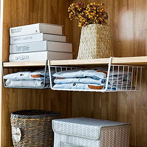 Under Shelf Basket, 4 Pack White Black Wire Rack, Slides Under Shelves for Storage Space on Kitchen Pantry Desk Bookshelf Cupboard