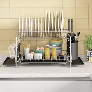 1Easylife Dish Drying Rack, 2 Tier Large Kitchen Dish Rack with Removable Drainboard, Utensil Holder and Cup Holder, Rustproof Nano Coating Dish Drainer