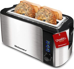 elite gourmet ect-3100 long slot 4 slice toaster, reheat, 6 toast settings, defrost, cancel functions, built-in warming rack, extra wide slots for bagels & waffles, stainless steel & black
