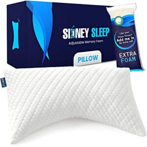 sidney sleep side and back sleeper pillow for neck and shoulder pain relief – memory foam bed pillow for sleeping – 100% adjustable fill – queen size washable case. extra fill included (queen, white)