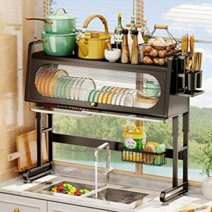 Adjustable (28.34"-31.49") 3 Tier Over The Sink Dish Drying Rack with Cover Large Dish Rack Drainer for Kitchen Storage Counter Above Sink Dish Rack
