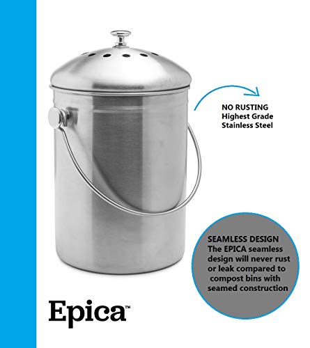 EPICA Stainless Steel Compost Bin 1.3 Gallon-Includes Charcoal Filter