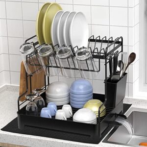 stofiro dish drying rack with drainboard, 2 tier drying rack for kitchen counter, rustproof multipurpose dish rack with cutting board holder, drainage, utensil holder, cup holder, dryer mat