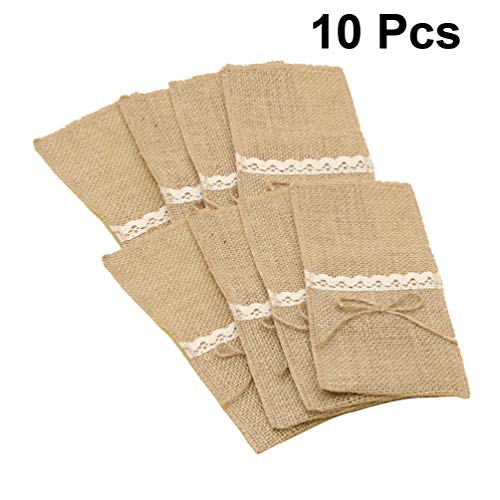 Happyyami 10pcs Burlap Lace Utensil Holders Silverware Holders Cutlery Pouch for Rustic Wedding Christmas Party Decorations Favor