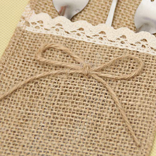 Happyyami 10pcs Burlap Lace Utensil Holders Silverware Holders Cutlery Pouch for Rustic Wedding Christmas Party Decorations Favor