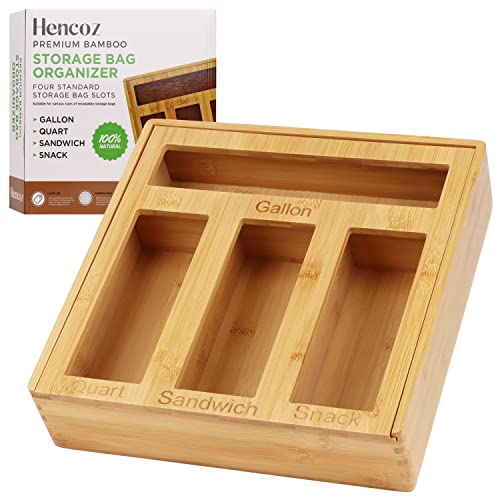 Hencoz Bamboo Ziplock Bag Organizer for drawer - Fits Gallon, Quart, Sandwich & Snack ziploc bags storage box with 4 compartments Suitable any brand Great kitchen organization (Hen001)