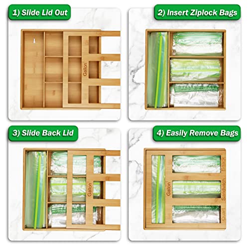 Hencoz Bamboo Ziplock Bag Organizer for drawer - Fits Gallon, Quart, Sandwich & Snack ziploc bags storage box with 4 compartments Suitable any brand Great kitchen organization (Hen001)