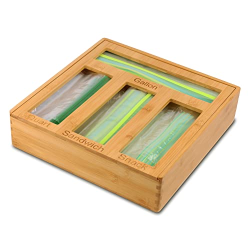 Hencoz Bamboo Ziplock Bag Organizer for drawer - Fits Gallon, Quart, Sandwich & Snack ziploc bags storage box with 4 compartments Suitable any brand Great kitchen organization (Hen001)