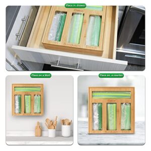 Hencoz Bamboo Ziplock Bag Organizer for drawer - Fits Gallon, Quart, Sandwich & Snack ziploc bags storage box with 4 compartments Suitable any brand Great kitchen organization (Hen001)