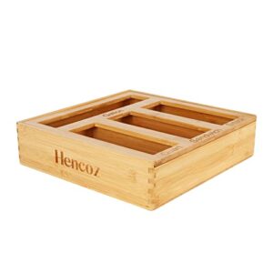 Hencoz Bamboo Ziplock Bag Organizer for drawer - Fits Gallon, Quart, Sandwich & Snack ziploc bags storage box with 4 compartments Suitable any brand Great kitchen organization (Hen001)