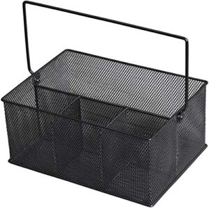 ybm home mesh basket utensil holder & picnic silverware caddy organizer with four compartments and napkin storage, black