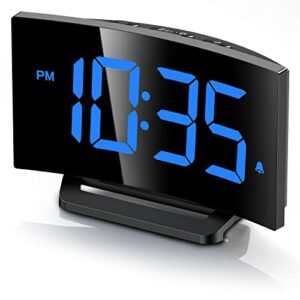 digital alarm clock for bedrooms, digital clock with modern curved design, conspicuous blue led numbers, 6 levels brightness, 2 volume, 3 alarm tones, snooze, power-off memory, 12/24h, bedside clock