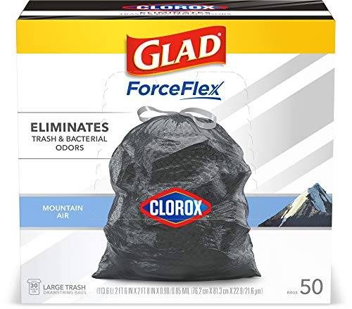 GLAD ForceFlex Large Drawstring Trash Bags, 30 Gallon Black Trash Bags for Large Kitchen Trash Can, Mountain Air Scent to Eliminate Odors, 50 Count (Package May Vary)