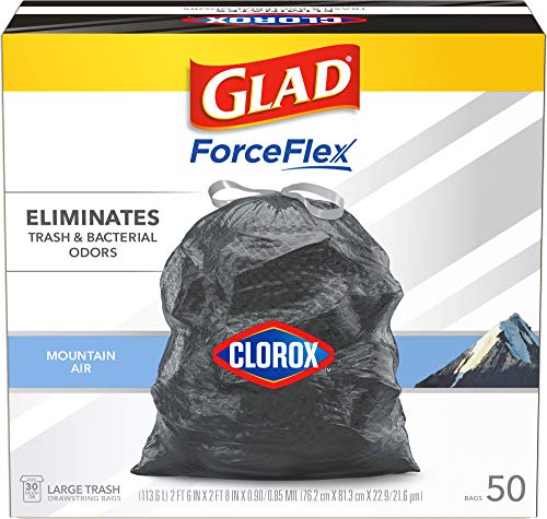 GLAD ForceFlex Large Drawstring Trash Bags, 30 Gallon Black Trash Bags for Large Kitchen Trash Can, Mountain Air Scent to Eliminate Odors, 50 Count (Package May Vary)