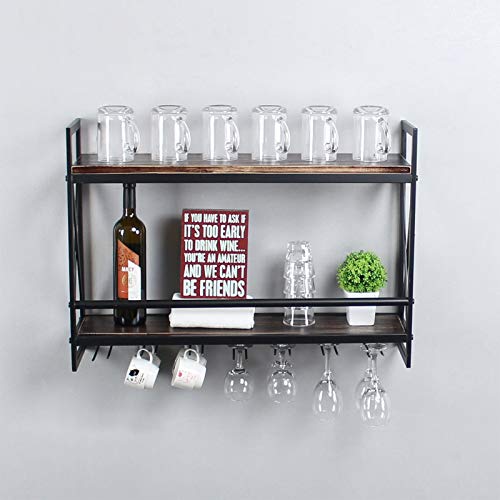 MBQQ Rustic Wall Mounted Wine Racks with 7 Stem Glass Holder,30in Industrial Metal Hanging Wine Rack,2-Tiers Wood Shelf Floating Shelves,Home Room Living Room Kitchen Decor Display Rack,Retro Black