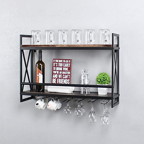 MBQQ Rustic Wall Mounted Wine Racks with 7 Stem Glass Holder,30in Industrial Metal Hanging Wine Rack,2-Tiers Wood Shelf Floating Shelves,Home Room Living Room Kitchen Decor Display Rack,Retro Black