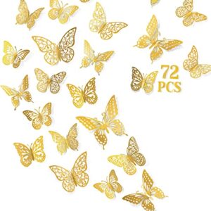 72 pcs butterfly wall decor stickers, 6 styles gold butterfly decorations, 3 sizes 3d butterfly party decorations/birthday decorations/cake decorations, gold butterflies for gold wall decor room decor